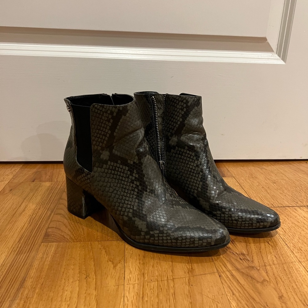 Calvin Klein snake skin booties
